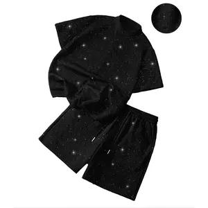 Men’s black two-piece set with rhinestones and a stand collar: short-sleeve shirt + shorts, casual party street style at full throttle.