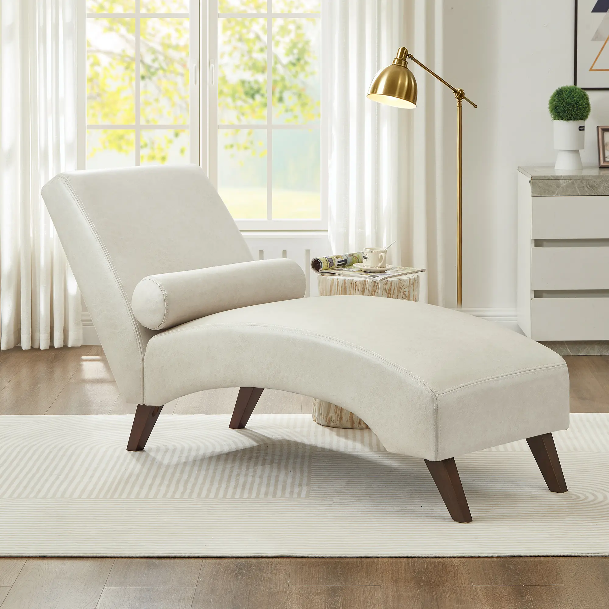 Eyisean 60" Mid Century Modern Leather-Like Armless Chaise Lounge Chair, Ergonomic Tufted Upholstered Chair with Bolster Pillows, Curved Profile, 400lbs Capacity for Living Room, Bedroom