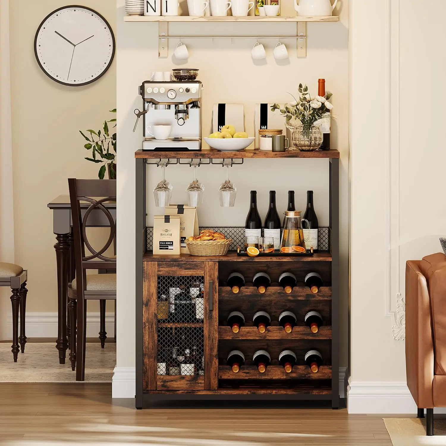 Farmhouse Wine Bar Cabinet with LED Lights, Adjustable Shelves & Wine Cooler, 36" Tall Retro Freestanding Farmhouse Buffet Cabinet for Kitchen & Dining Room, Farmhouse Buffet Cabinets