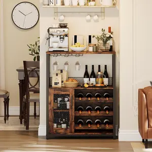 Wine Bar Cabinet with LED Lights, Adjustable Shelves Wine Cooler, 36" Tall Farmhouse Liquor Cabinet for Kitchen, Dining & Living Room, Retro Style