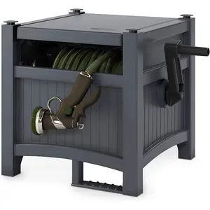 Garden Hose Hideaway Storage Reel Box – Cyberspace Grey Resin Outdoor Container, Holds 100 Feet of 5/8 Inch Vinyl Water Line, No Assembly Required