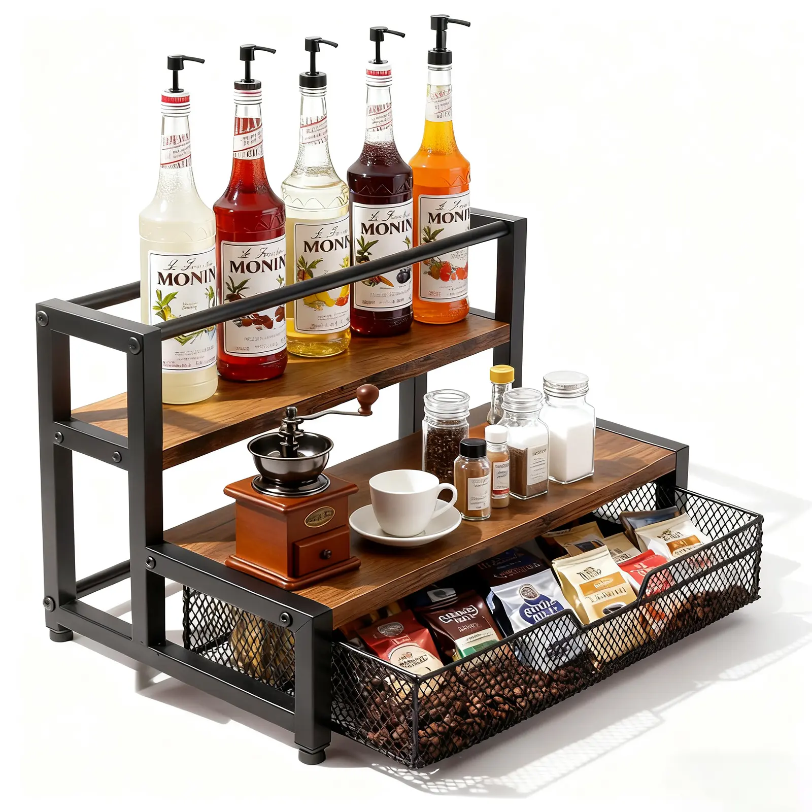Metal Coffee Bar Storage Rack With K-Cup Storage Basket, Extendable Drawers And Spacious Shelves. It Is An Ideal Choice For Organizing Coffee Accessories And Coffee Station Items, And An Excellent Gift For Christmas. Beverage Organizer Double Tiers