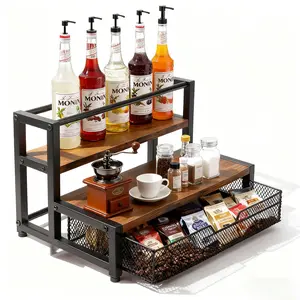 Metal Coffee Bar Storage Rack With K-Cup Storage Basket, Extendable Drawers And Spacious Shelves. It Is An Ideal Choice For Organizing Coffee Accessories And Coffee Station Items, And An Excellent Gift For Christmas. Beverage Organizer Double Tiers