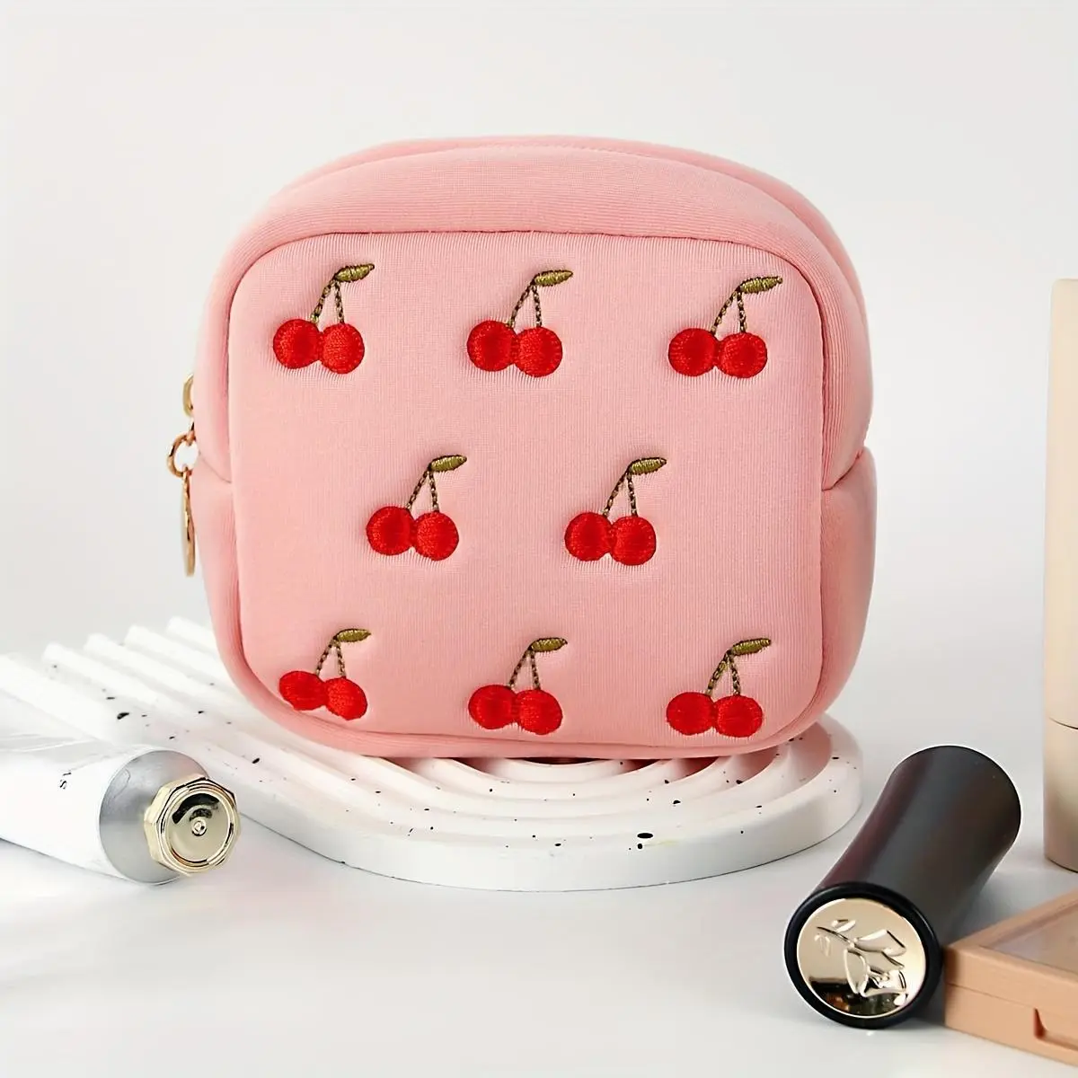 Cute Cherry Embroidery Makeup Bag, 1 Count Portable Large Capacity Cosmetic Storage Bag, Zipper Makeup Organizer Pouch, Versatile Storage Bag for Travel, Dating, Cosmetics Organizer