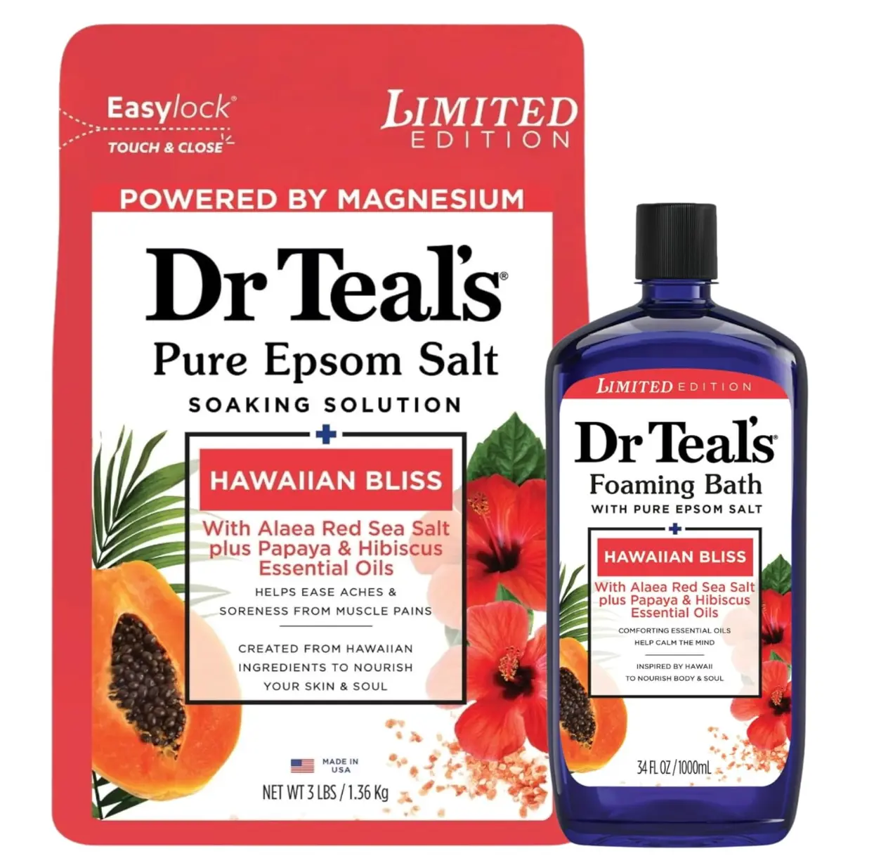 Dr Teal’s Hawaiian Bliss Foaming Bath 34oz + Pure Epsom Salt 3lb Bundle – Magnesium Soak, Papaya & Hibiscus Essential Oils