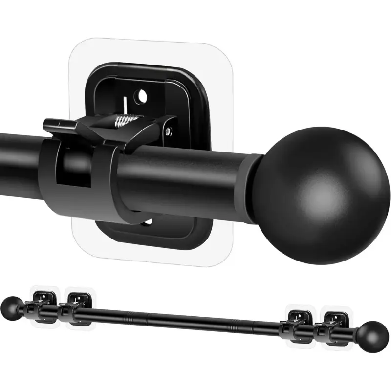 No-Drill Synthetic Window Curtain Rod Set (30-45 in, 5/8 in Diameter) - Rental-Friendly Drapery Pole with Adhesive Holders, Window Covering Solution for Renters (Black)