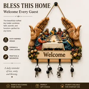 Flat Jesus and Disciples Wall Art Keychain 1 Piece Pack, Exquisite Religious Design with Four Metal Hooks, 10.4"x11.8" Artificial Wood & Metal Frame, Porch Welcome Sign, Farmhouse Style Seasonal Home Decor, Intricate Craftsmanship,Mother's Day  gift