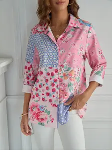 Women's Ethnic Pattern Button Front Shirt, Boho Casual Long Sleeve Collared Blouse Top for Daily Holiday Vacation Wear, Ladies Clothes for All Seasons