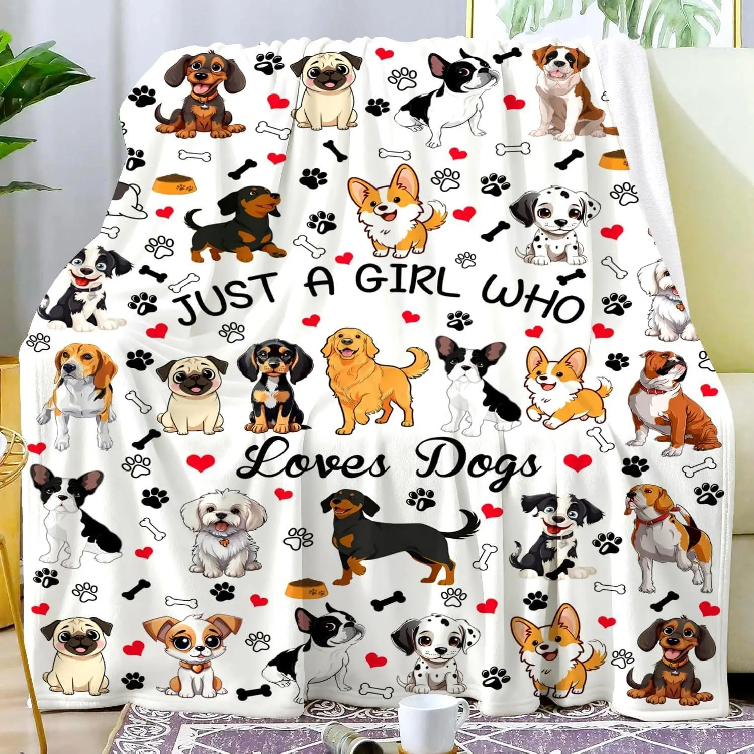 Dog Gifts for Girls Women Puppy Plush Just A Girl Who Loves Dogs Print Throw Blanket Stuff Cute Puppys Themed Dog Blanket for Girls Women Kids Dogs Lovers Birthday Decorations Bed Room Decor