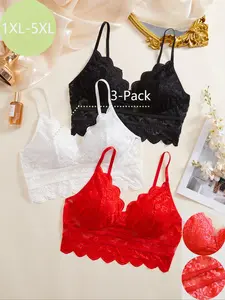 Plus Size Women's Solid Color Scallop Trim Lace Bralette, Comfortable Breathable Adjustable Strap Unlined Bra for Daily Wear, Women's Lingerie Underwear for All Seasons, Wireless Bralettes