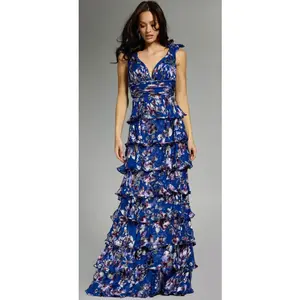 The Jovani 42381 Blue Multi Floral Tiered Gown