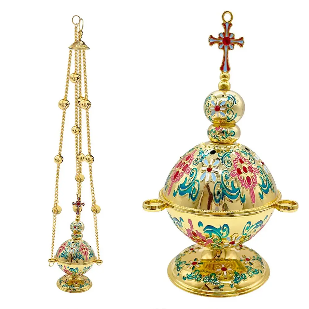 Orthodox Church Censer, Christian Incense Burner with Bells, Gold Plated Zinc Alloy Colorful Enamel Floral Pattern and Cross Decor, Orthodox Christians, Liturgical Ceremonies and Home Altar Use, Home Fragrance Decor