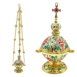 Orthodox Church Censer, Christian Incense Burner with Bells, Gold Plated Zinc Alloy Colorful Enamel Floral Pattern and Cross Decor, Orthodox Christians, Liturgical Ceremonies and Home Altar Use, Home Fragrance Decor