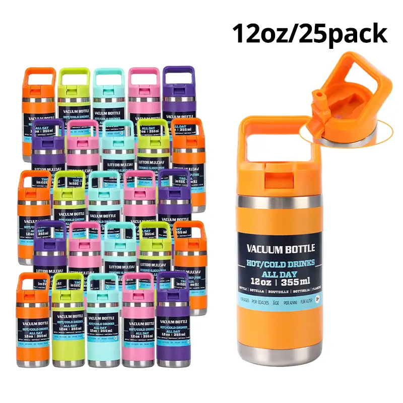 25-Pack 12oz Kids' Vacuum Water Bottles, Powder Coated Stainless Steel Flask with Lid & Handle, Double Wall Insulation, Laser Engraving, Travel Mug for Sports & Festive Gifts