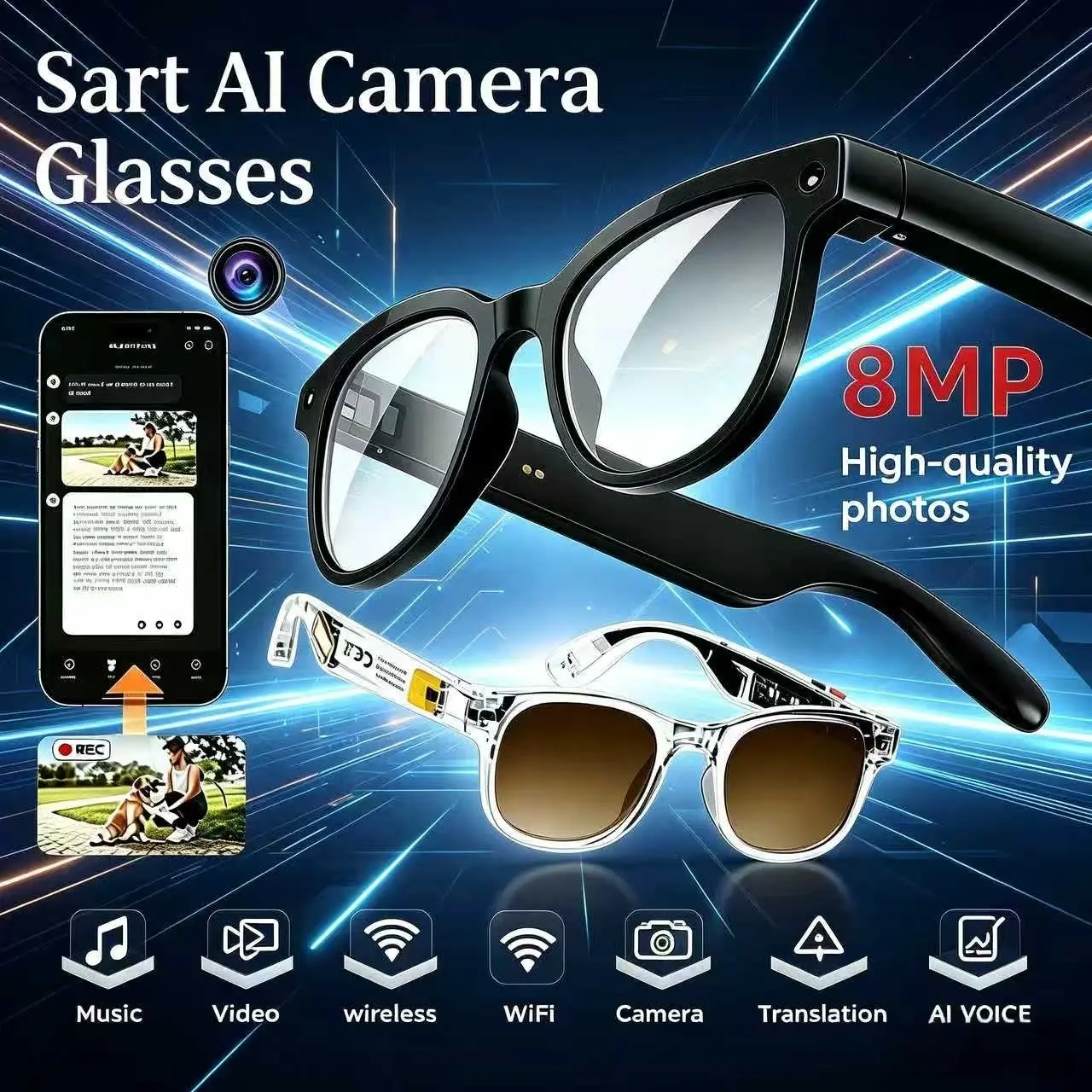 Minimalist Multifunctional Modern Smart Glasses - 8MP Camera, HD Video Recording, Bluetooth 5.3 Audio, Real-Time Translation, Wireless & Button Touch Control, Transparent Automatic Wearable Device, Ideal for Travel, Sports, Multifunctional Smart Glasses