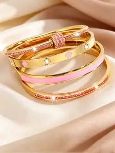 4 Pieces Nonfade Stainless Steel Pink Series Jewelry Bracelet Set Inlaid with Pink Zircon Fashion Love Friendship Designer Bracelet Jewelry Gift Everyday Wear, Stainless Steel Bangle, Stackable Bracelets