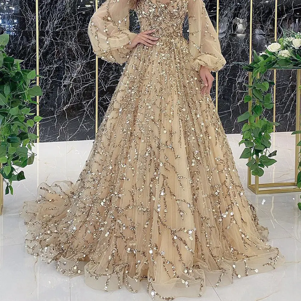 2025 Gold Heavy Beading Luxury Evening Dress Sexy Celebrity Aura Queen Long Dress