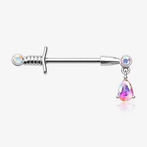 A Pair of Classic Sparkle Dagger Sword Teardrop Dangle Nipple Barbell