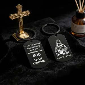 Saint Jesus Keychain for Men & Women God Is in Control Black Tag Religious Keychain Double Ring Carabiner Jewellery Charms Perfect for Christmas Birthday Memorial Baptism Confirmation Gifts