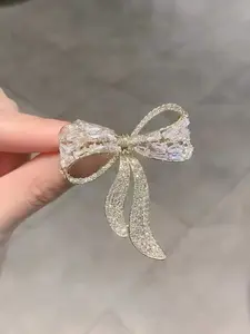 Elegant Rhinestone Bow Design Brooch Pin for Women, Nameplate Style Standalone Tie Clip, High-End Commute Wedding Fashion Accessory, All Season Wear