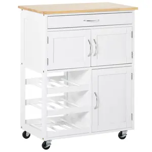 HOMCOM Bar Cart Rolling Kitchen Island on Wheels with 9-Bottle Wine Rack, Small Kitchen Cart with Wide Drawer, Kitchen Storage Cabinets, Wooden Countertop, White