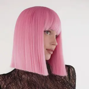 TwiceBeauty Pink Short Straight Bob Wig With Bangs 12 Inch Heat Resistant Synthetic Hair Natural Looking for Daily Use Party Cosplay
