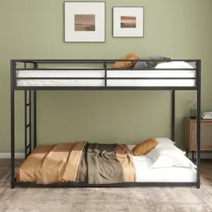 Sturdy Full over Full Bunk Bed Metal Black for Kids and Adult, Low Profile Full over full bunk bed with Ladder and Guardrails, Easy Climbing, Beds for Bedroom, Loft Frame