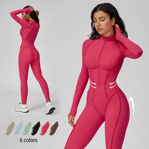 Womens Contour Seams Long Sleeve Padded Workout Jumpsuit Zip Up Tummy Control One Piece Bodycon Yoga Rompers Fitness Sport Outfits Athletic Style Activewear