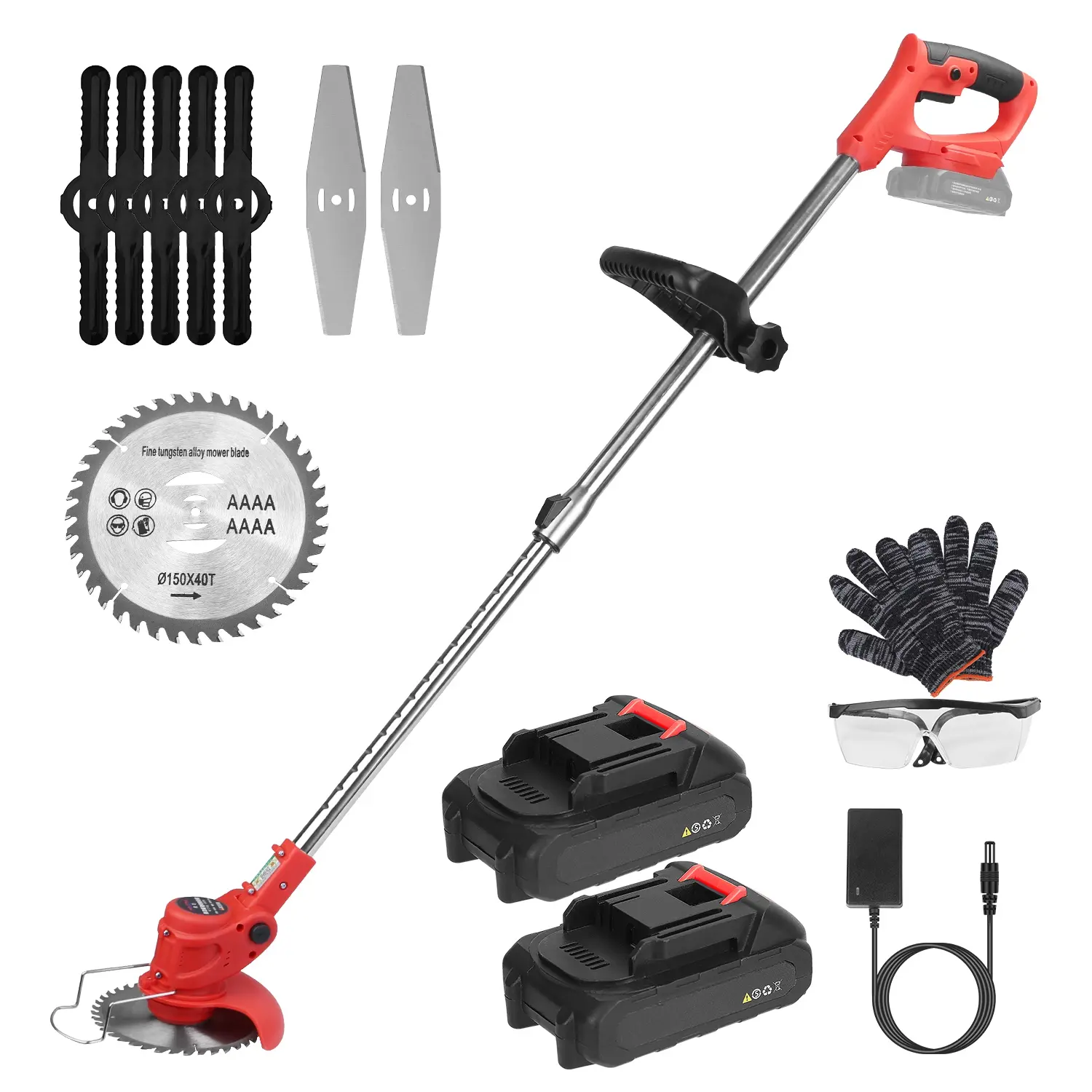 Electric Cordless Grass Trimmer Rechargeable Lawn Mower Weed Cutter with 2 Alloy Saw Blades 2 Alloy Blades 10 Plastic Blades 2 Rechargeable Batteries Goggles Gloves Auxiliary Handle,summervibes Tool Kit Tool Box