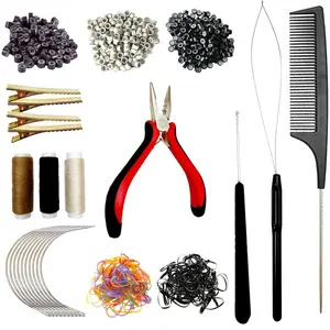 Hair Extension Microlink Tool Kit, 600  Nano Microbeads, 1 Extension Pliers, 3 Rolls of Sewing Thread, 2 Hair Pulling Loops, 10 Crochet Hooks, 4 Clips, 1 Comb, 200 Rubber Bands