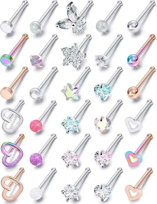 Female 30Pcs Inlaid Crystals Nose Stud Pack for Nose Piercings, Shiny Rhinestone Jewelry with Butterfly, Star, Heart Patterns, Decorative Daily Wear Ornaments