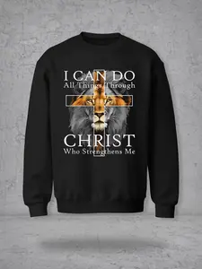 I Can Do All Things Through Christ Graphic Crewneck Fitted Long Sleeve Casual Sweatshirt - Black Pullover, Lion & Cross Print, Christian Faith-Inspired Apparel