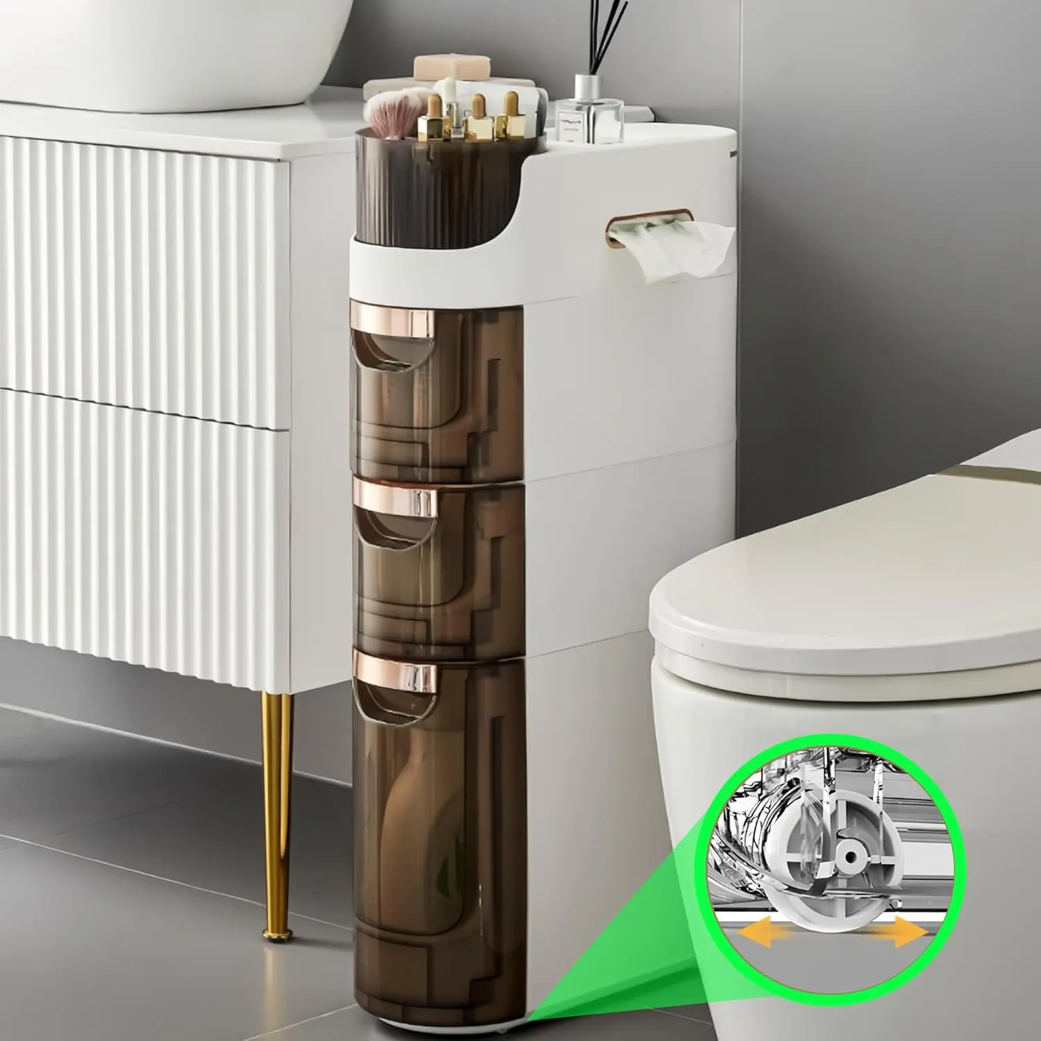 Slim Waterproof Narrow Bathroom Storage Cabinet - Space Saving Home Supplies Furniture with Drawers, Silent Pulley, Movable Floor Organizer for Small Spaces, Laundry Rooms, Space Saving Furniture, Multifunctional Storage Cabinet
