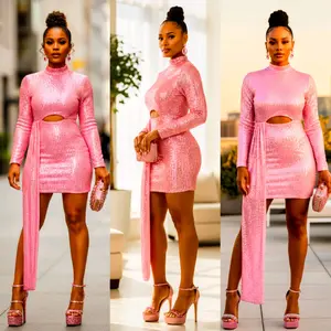 Side Tail Sequin Dress - Pink Long Sleeve Cut Out Design with High Slit (NO RETURNS NO EXCHANGES)