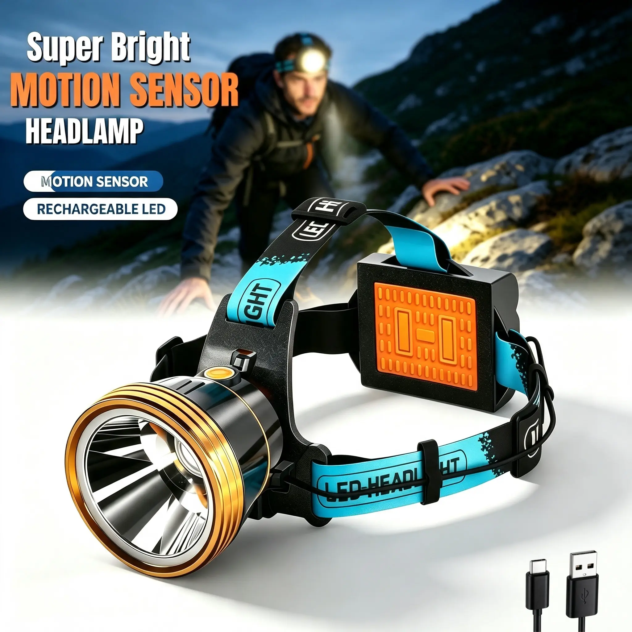Ultra-Bright 9000mAh LED Headlamp 3000LM with 6 Modes, USB Power Bank, Motion Sensor, Digital Battery Indicator for Outdoor Fishing Camping Hiking Hunting Garage