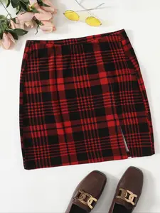 Women's Plus Size High Stretch Bodycon Split Geometric Plaid Elastic Waist Short Skirt, Casual Party Date Night Half Skirt