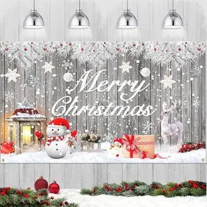 Wood Christmas Banner Backdrop Decorations - Silver Winter Snow Merry Christmas Party Decoration Xmas Snowman Photography Background for Winter New Year Eve Party Supplies