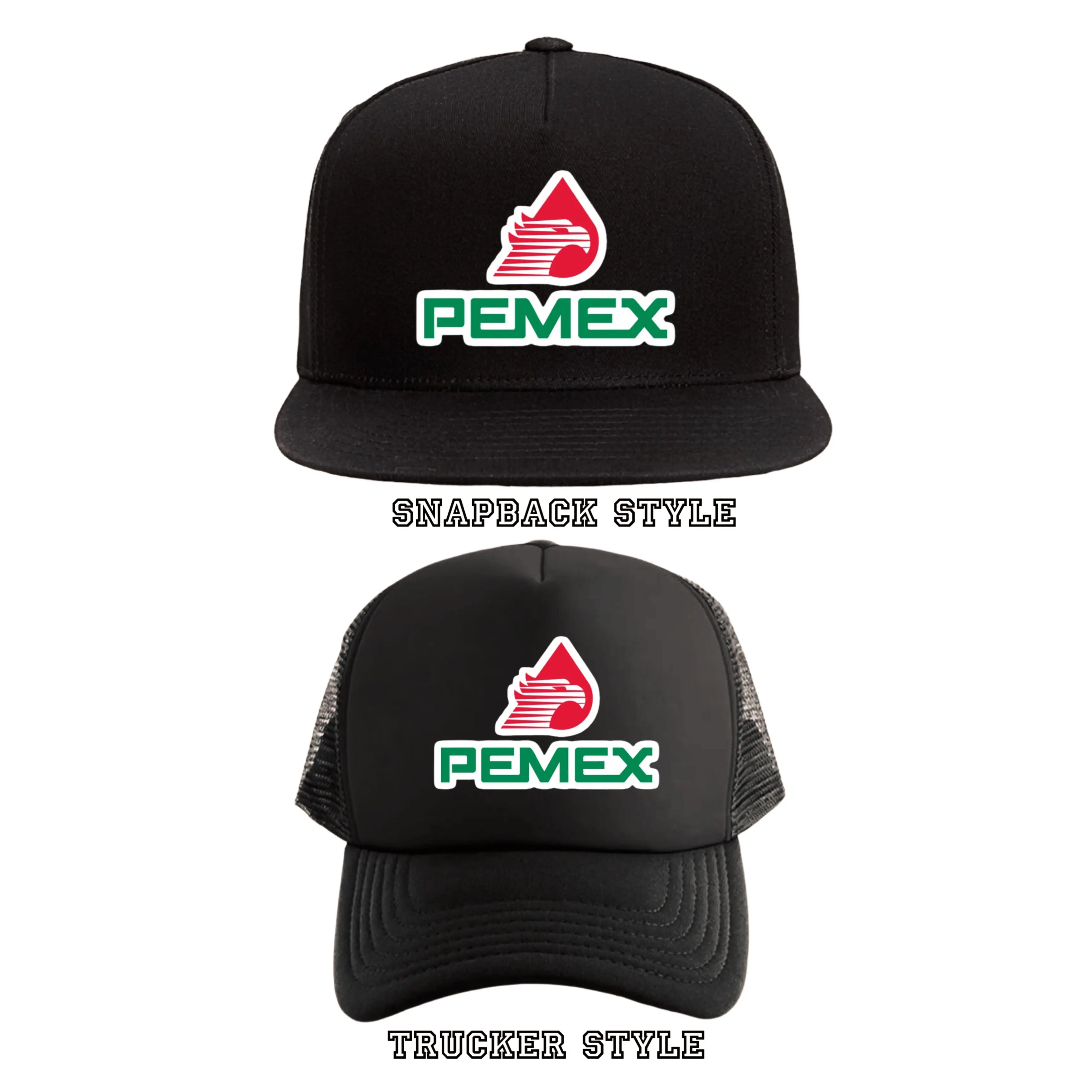 Pemex Mexican-Themed Graphic Snapback Trucker Hat - Black Casual Cotton Cap, Adjustable Snap Closure, Unisex Adult Accessory, Adjustable Streetwear Hat