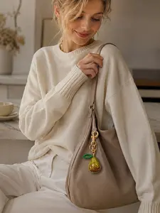 Glitter Pear Bag Charm Keychain for Handbags, Cute Fruit Pendant with Gold Tone Clasp Round Ring and Green Leaf Detail, Stylish All-Match Purse Accessory for Daily Travel, Christmas Halloween Birthday Gift for Her Him Mom Wife Girlfriend, New Year Stockin