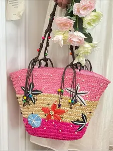 New Bohemian Starfish Colorblock Straw Bag, Beaded Woven Women's Shoulder Tote, Beach Vacation Handbag, Single Strap Purse, Fashionable Straw Bag