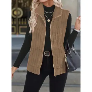 Women’s plus-size ribbed fleece warm zip-pocket elegant vest top, casual fashion sleeveless jacket for fall and winter