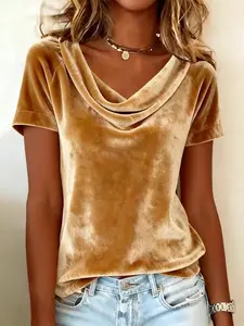 Fashion New Soft Velvet Draped Neck Short Sleeve Basic T-Shirt, Pure Color Design, Elegant and Sexy, Must-Have Women's Clothing Item Top Womenswear
