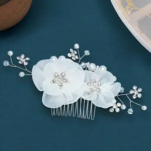The new 2024 is a hot seller 1/2 pcs handmade pearl flower comb, rhinestone silk flower chiffon flower headwear, wedding dress, disheveled hair comb hair accessories
