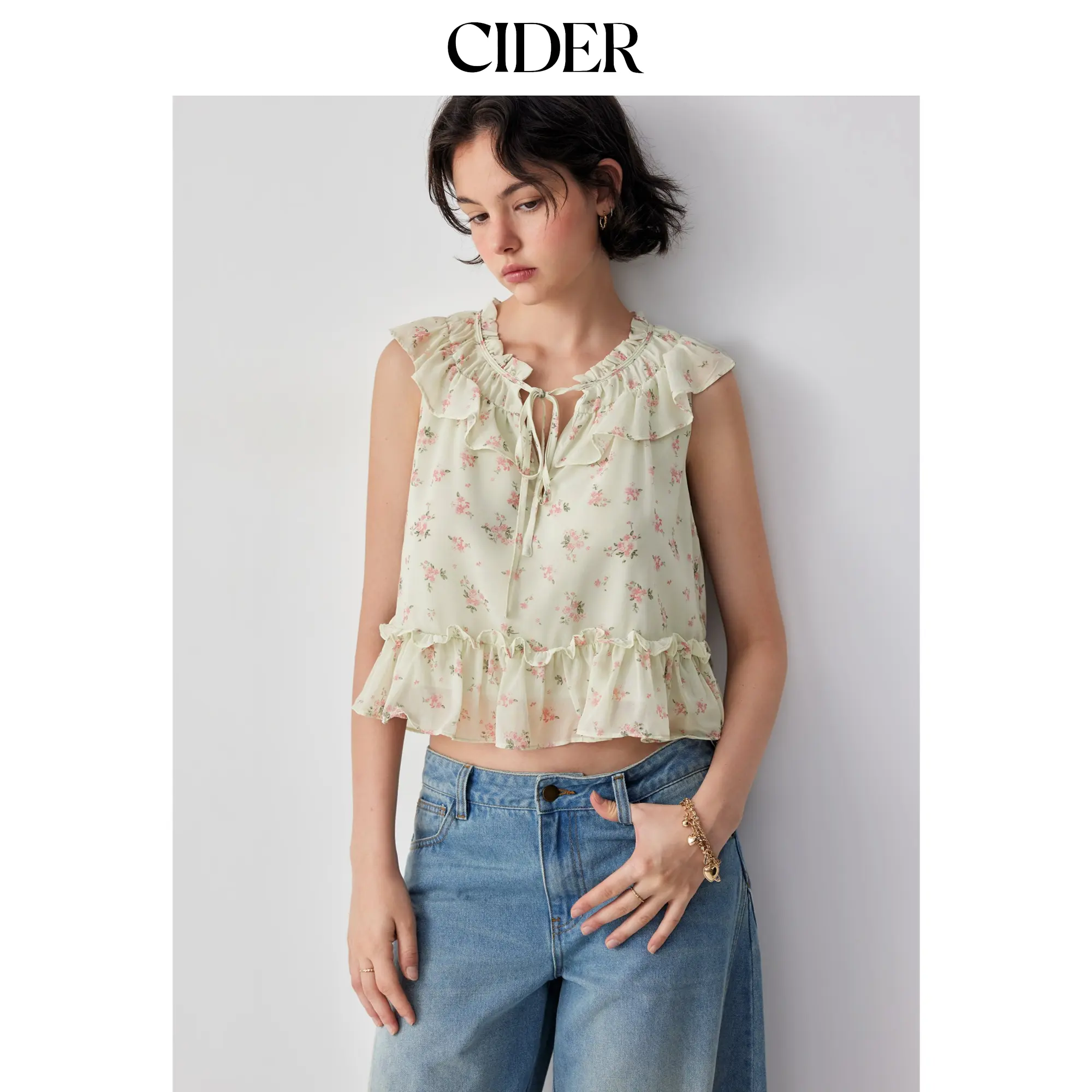 Cider Chiffon Ditsy Floral Tie Front Ruffle Hem Crop Tank Blouse