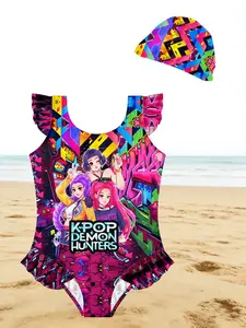 Girls' K-POP Demon Hunters Anime Print Ruffle Trim One Piece Swimsuit with Matching Swim Cap