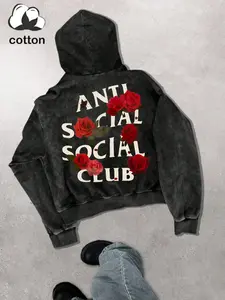Men's Autumn Winter Casual Hoodie Anti Social Rose Print, Warm Fabric, Loose-Fitting, Streetwear Perfect Match, All Seasons