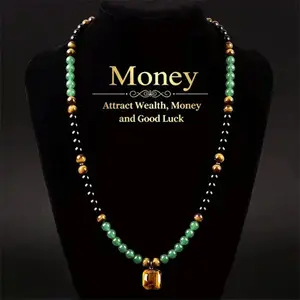 GEMRICH wealth necklace, crafted from natural black agate, natural Dongling jade stone, and natural tiger’s eye pendant, infused with healing crystals; suitable for anniversaries, vacations, and themed parties; a gift that suits both men and women.