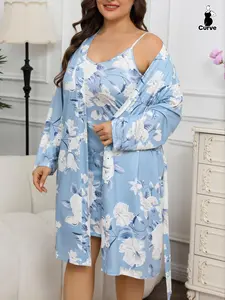 【Plus Size】 Floral Print Cami Nightdress & Bathrobe Set, Casual Soft Comfortable Nightdress & Long Sleeve Dressing Gown, Women's Sleepwear for All Seasons, Casual Comfy Nightdress