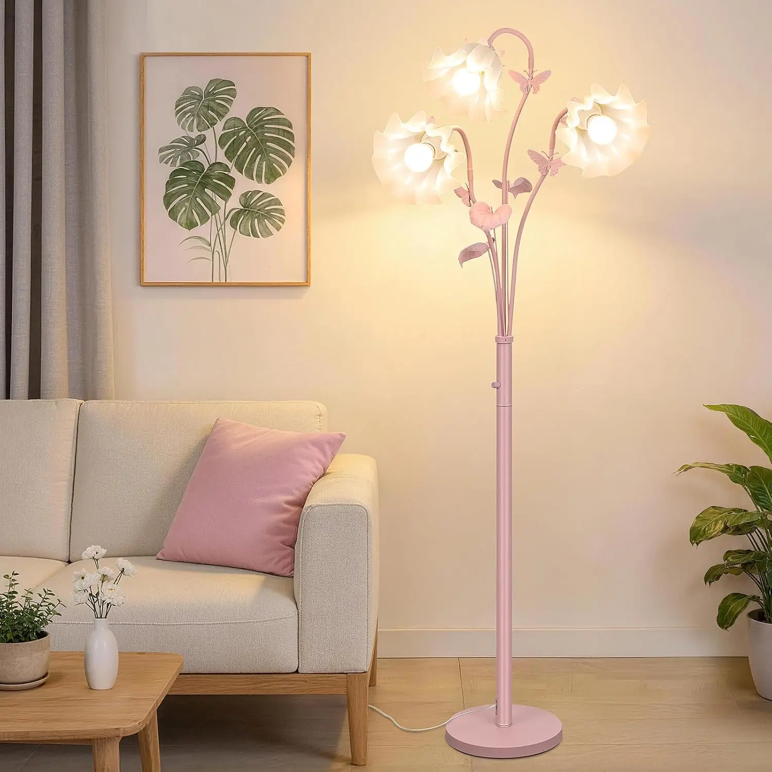 MATULSA 3-Light Flower Floor Lamp, Vintage Standing Lamp with 3 E26 Bulbs, Corner Floor Lamp with Floral Lampshades, Modern Boho Floor Light for Bedroom Office Girls