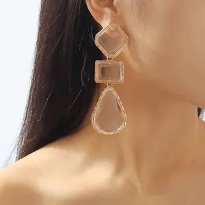 Exaggerated Color-Block Water Drop Long Earrings Vintage Minimalist Style Geometric Transparent Resin Earrings